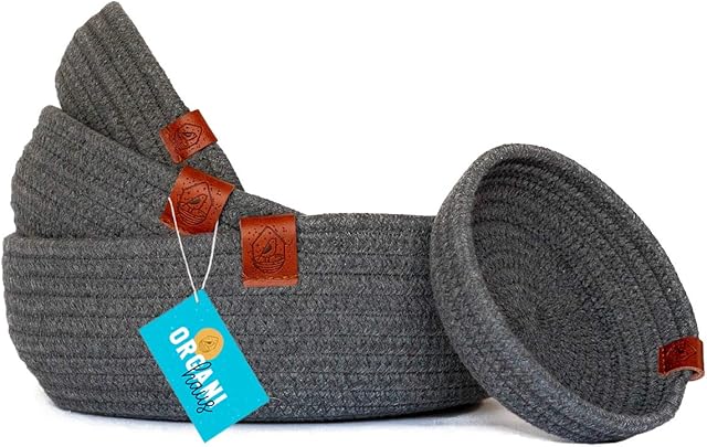 OrganiHaus 4-Pack Cotton Rope Basket Trays | Small Rope Basket for Organizing Entryway | Small Bathroom Storage Baskets for Shelves | Montessori Woven Storage Baskets, Nursery Decor - Grey Basket