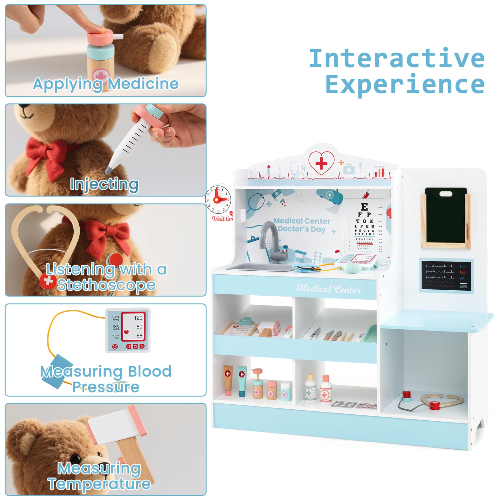 HOMASIS Arzt-Set aus Holz, Arzt-Set für Kinder mit Waschbecken, Sichtprüfung, Elektrokardiogramm, Uhr und Röntgenaufnahme, Krankenschwester-Spiel für Kinder ab 3 Jahren (Blau)