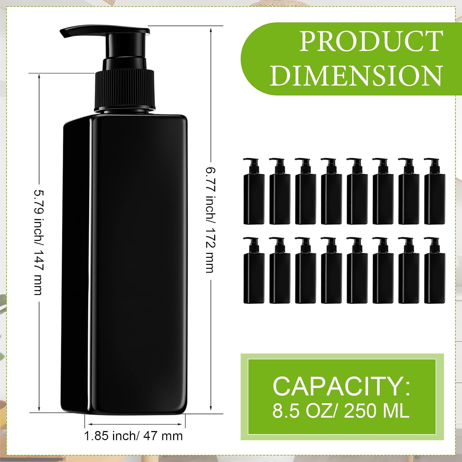Chunful 16 Pcs Soap Dispensers Plastic Pump Bottles 8.5 oz Refillable Dishwashing Liquid Dispenser with Pump Leakproof Empty Lotion Shampoo Bottles Containers (Black)