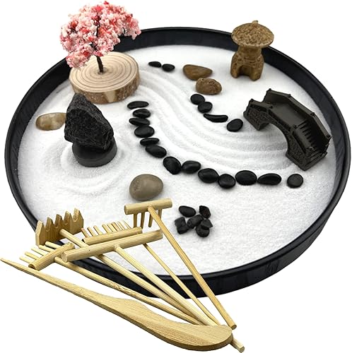 Zen Garden para escritorio, kit de jardín zen japonés de 8 pulgadas, redondo grande con 6 rastrillos de arena y bandeja de accesorios, mini