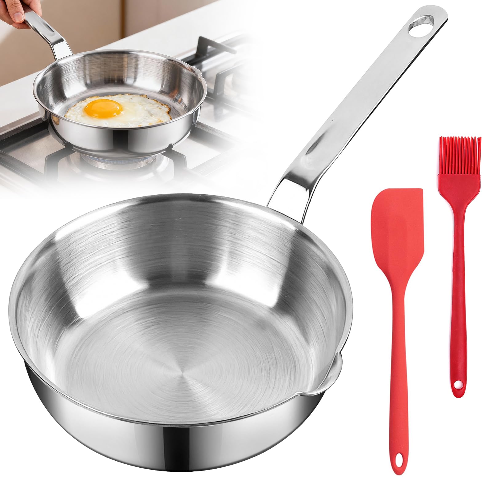 CAIYUANGUANGJIN 5.5in/14cm 316 Stainless Steel Mini Egg Pan, Omelet Pan with Skillet with Spout, Non-Stick Sauce Pan Frying Pans Butter Warmer with 2Pcs Spout Brush for Camping Cooking