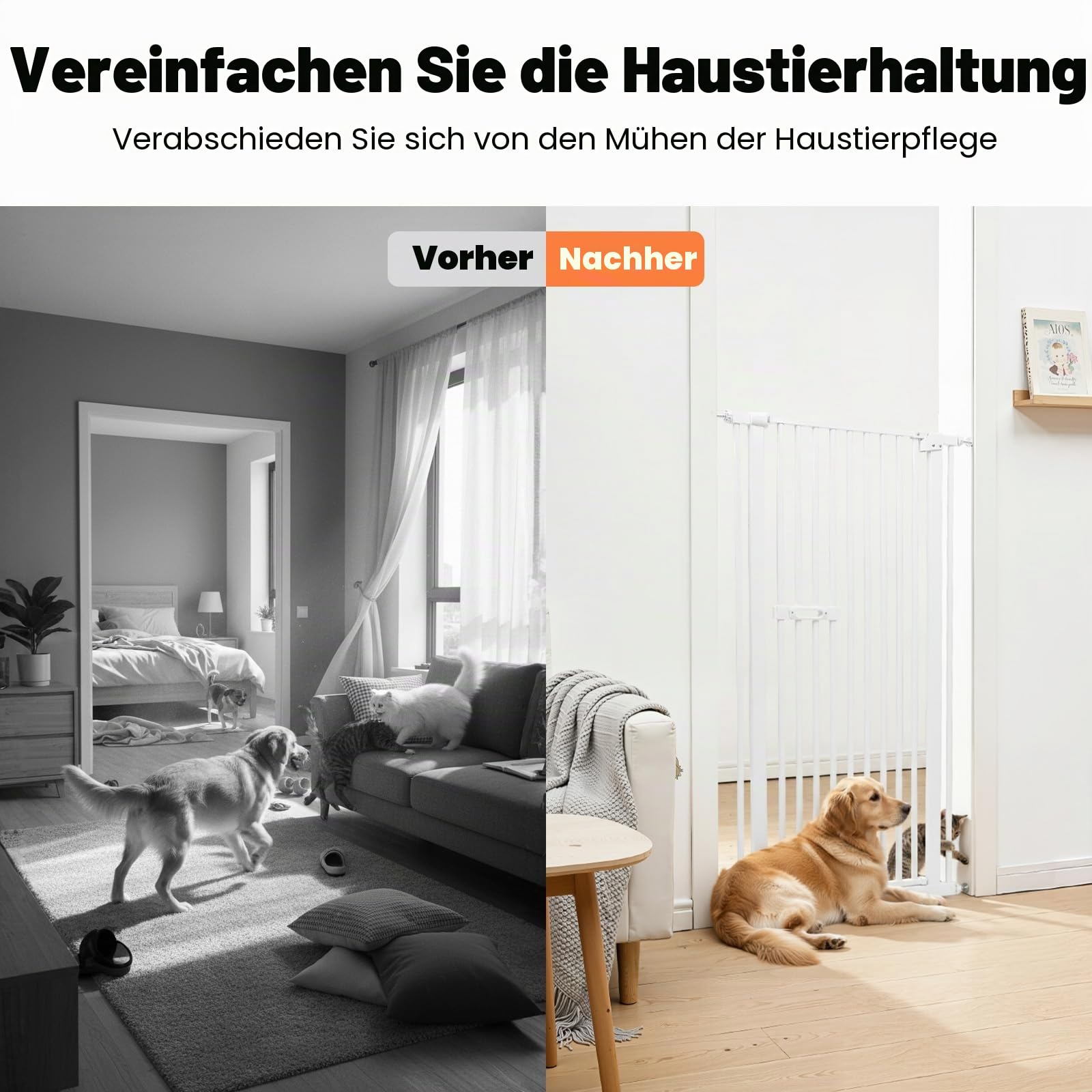 150cm Hohes Türschutzgitter, Treppenschutzgitter ohne Bohren, Sicherheitsgitter für Hunde und Kätzchen, Tuerschutzgitter Metall Selbstschließend, Treppengitter Kindergitter (Weiß)