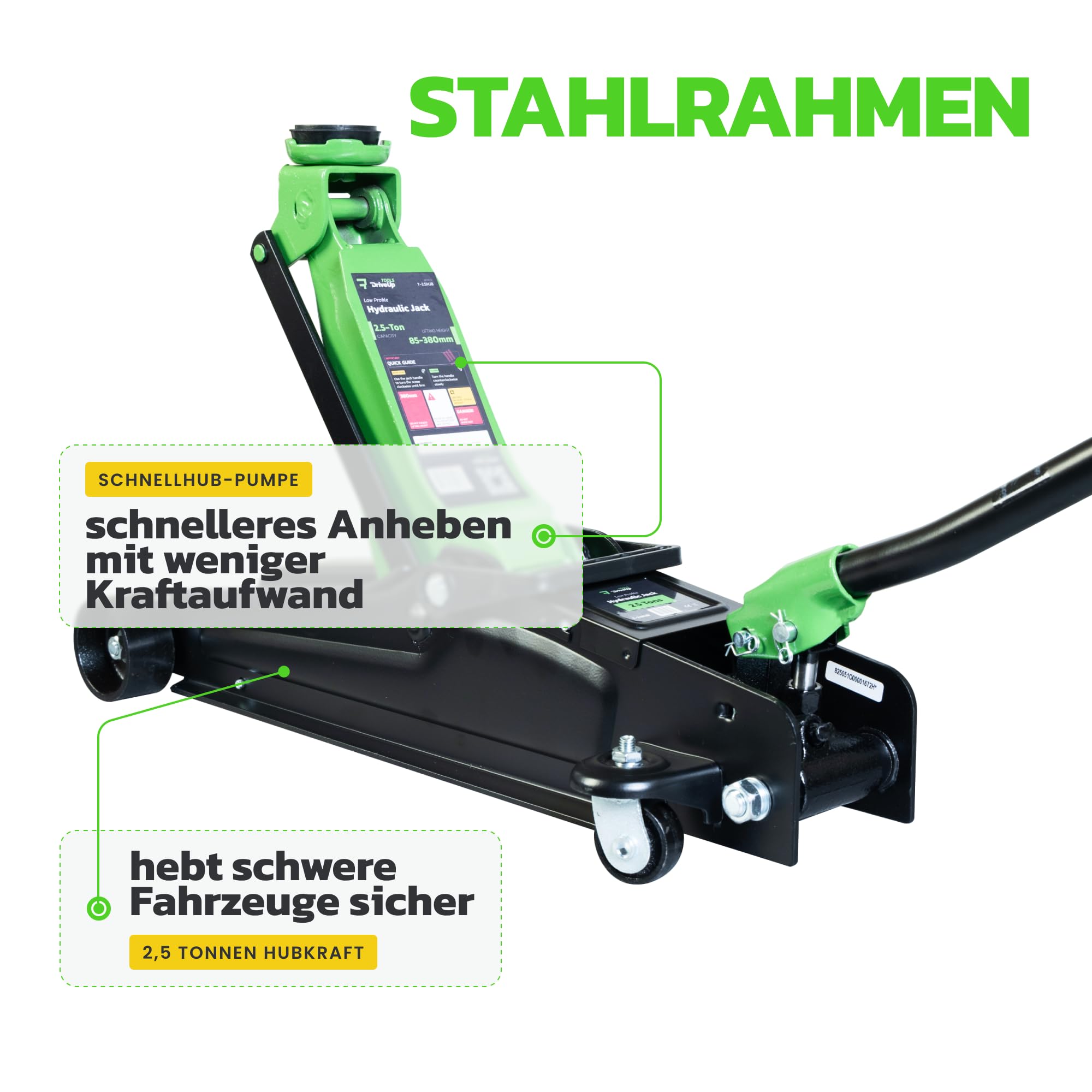 2,5-Tonnen Hydraulischer Wagenheber mit Koffer – Flachprofil, Hubhöhe 8,5–38 cm – Schnellhub mit Gummiauflage – Tragkraft 2500 kg – Tragbarer Wagenheber für Autos & SUVs