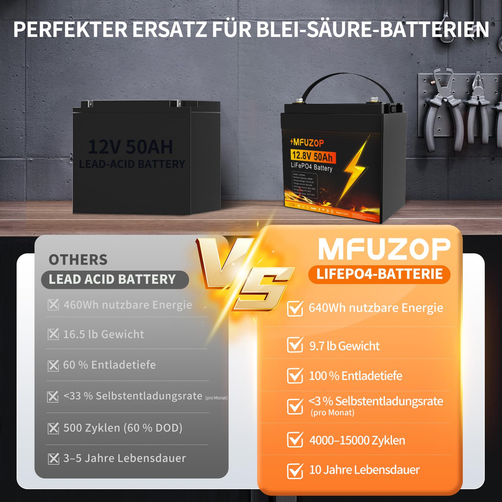 Batteria LiFePO4 12V 50Ah, BMS 50A, Potenza Massima 640W, 15000 Cicli Profondi, Batteria al Litio per Motore Elettrico, Caravan, Camper, Marina, Impianto Solare, Ecoscandaglio