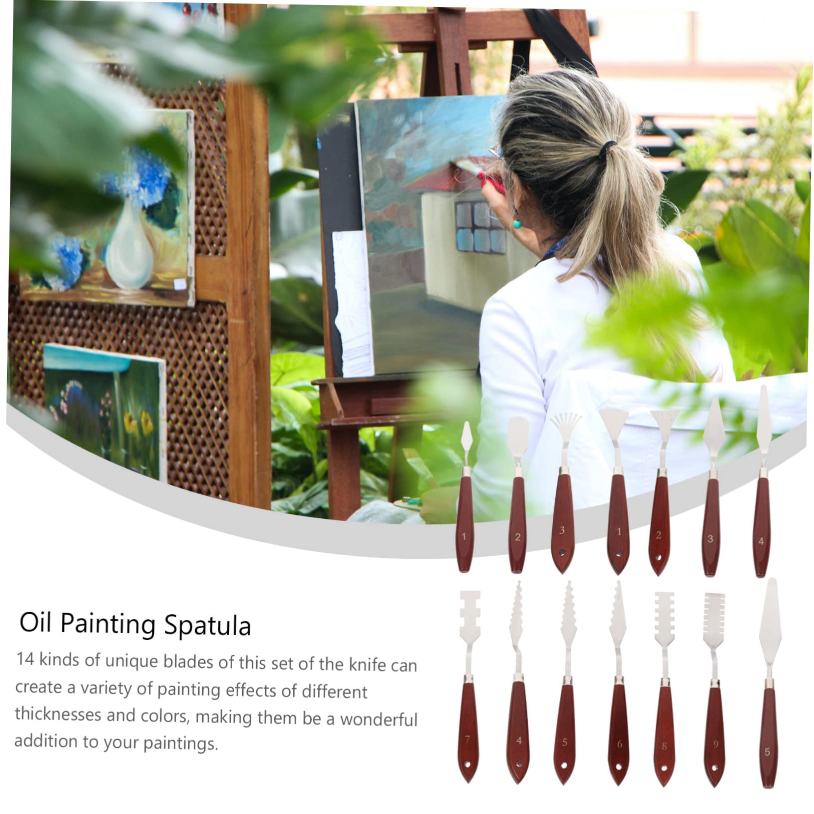 Set di Spatole per Pittura Manico in Legno, 14 Pezzi | Acciaio Inossidabile, Marrone, Strumenti per Miscelazione Colori e Olio