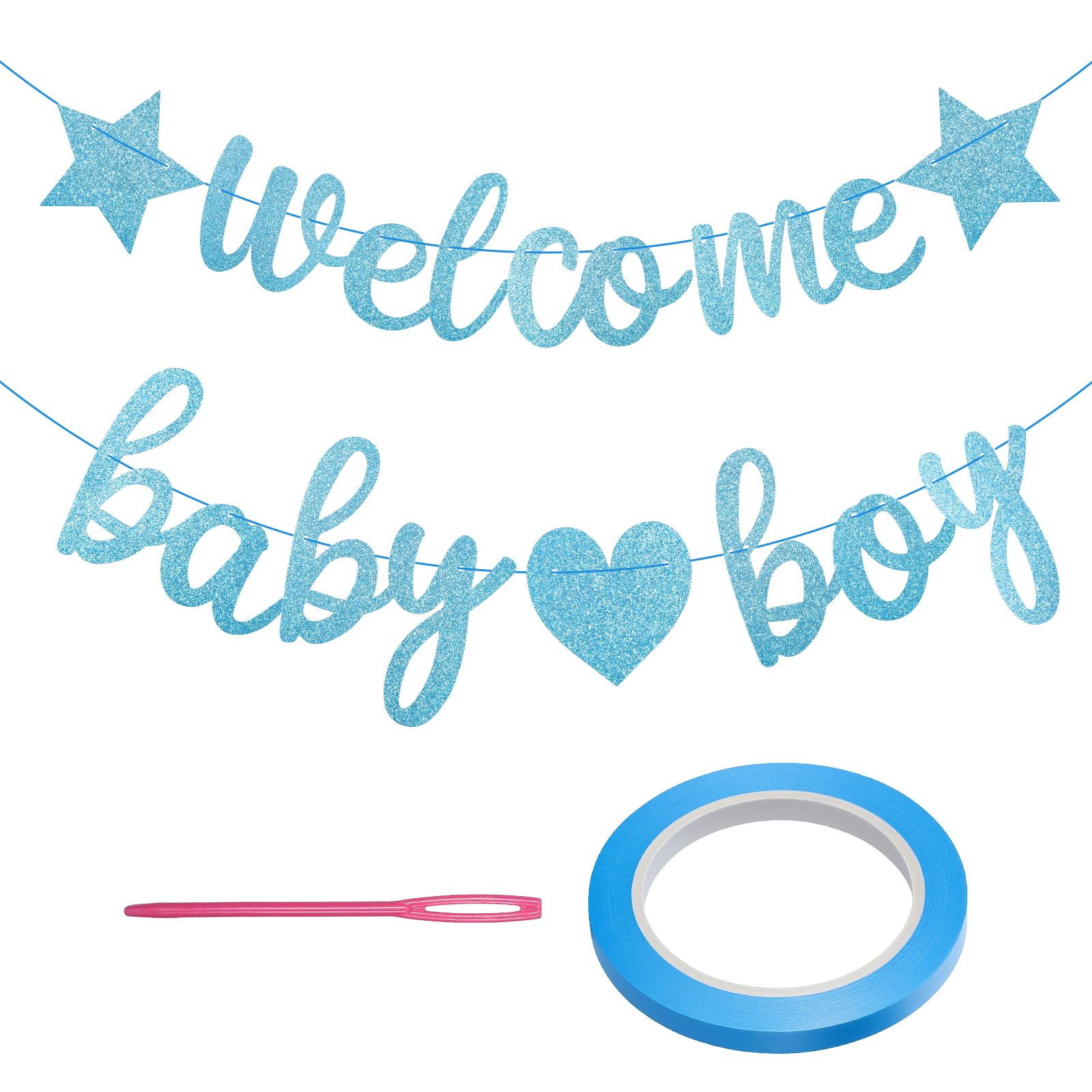 Muiltvoe Welcome Baby Boy Banner, Blue Glitter Gender Reveal Party Decorations Baby Shower Sign for Family Boys Newborn Birthday Homecoming Theme Party
