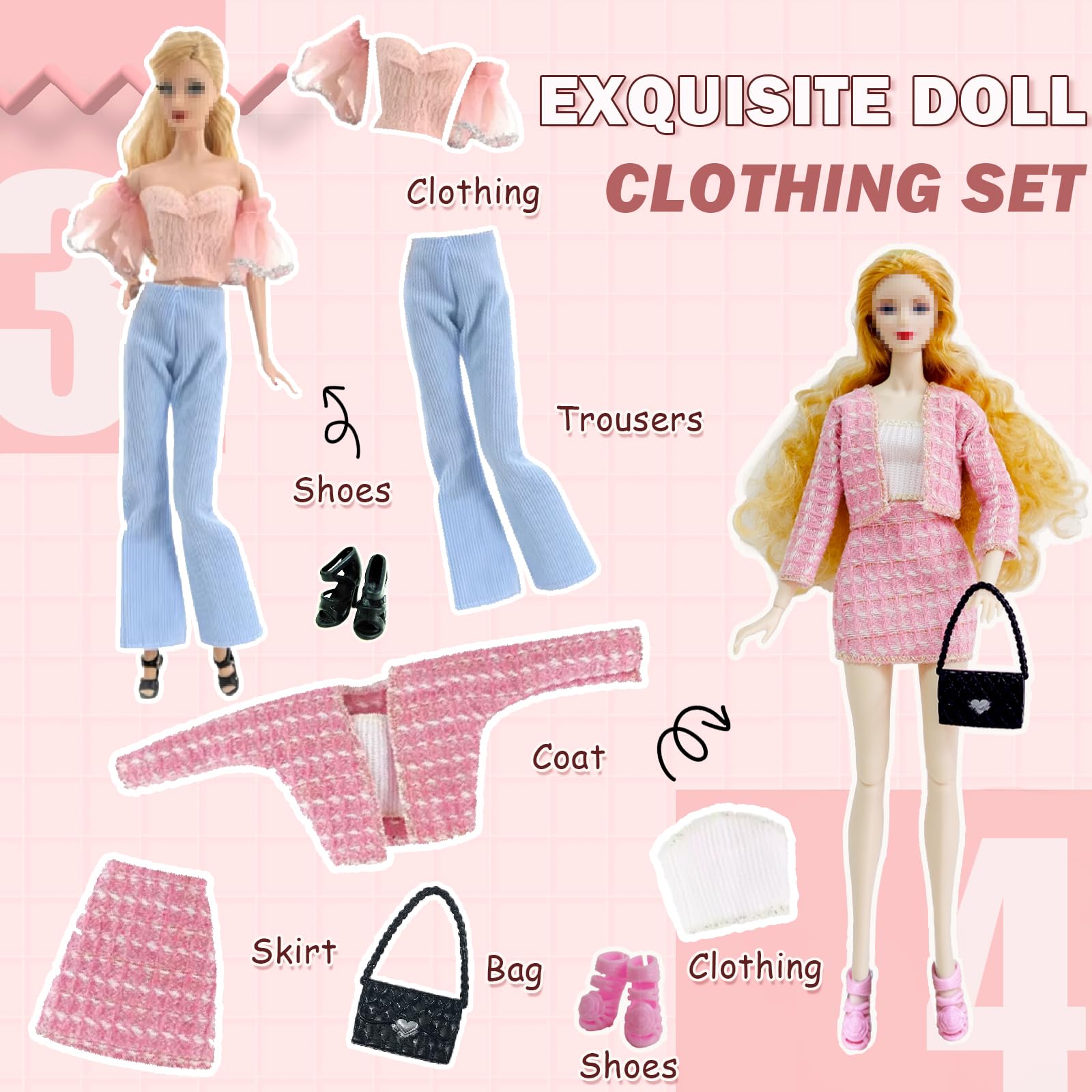 20 pcs Fashion Doll Clothes and Accessories, Including Night Dresses for Dolls, Skirts, Pants, Hats, Shoes, Bags, Accessories for 30 CM/11.5 Inch Dolls, Gifts for Girls — view 4