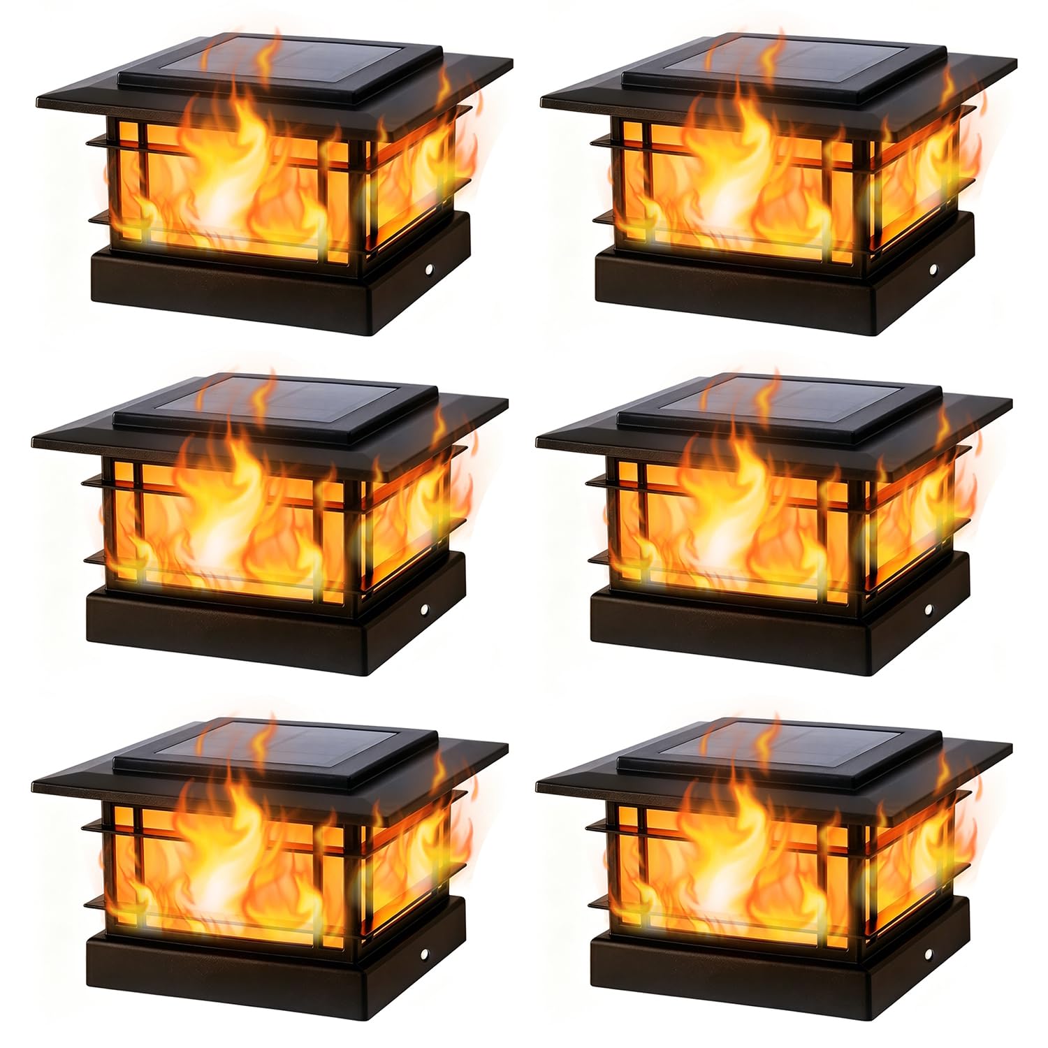 Dynaming 6 Stück Solar Flamme Post Lichter außen, Solar Powered Zaun Post Cap Lichter, hohe Helligkeit flackernde Flamme SMD LED Beleuchtung Dekor für Garten Deck Terrasse, 4 x 4, 5 x 5 oder 6 x 6