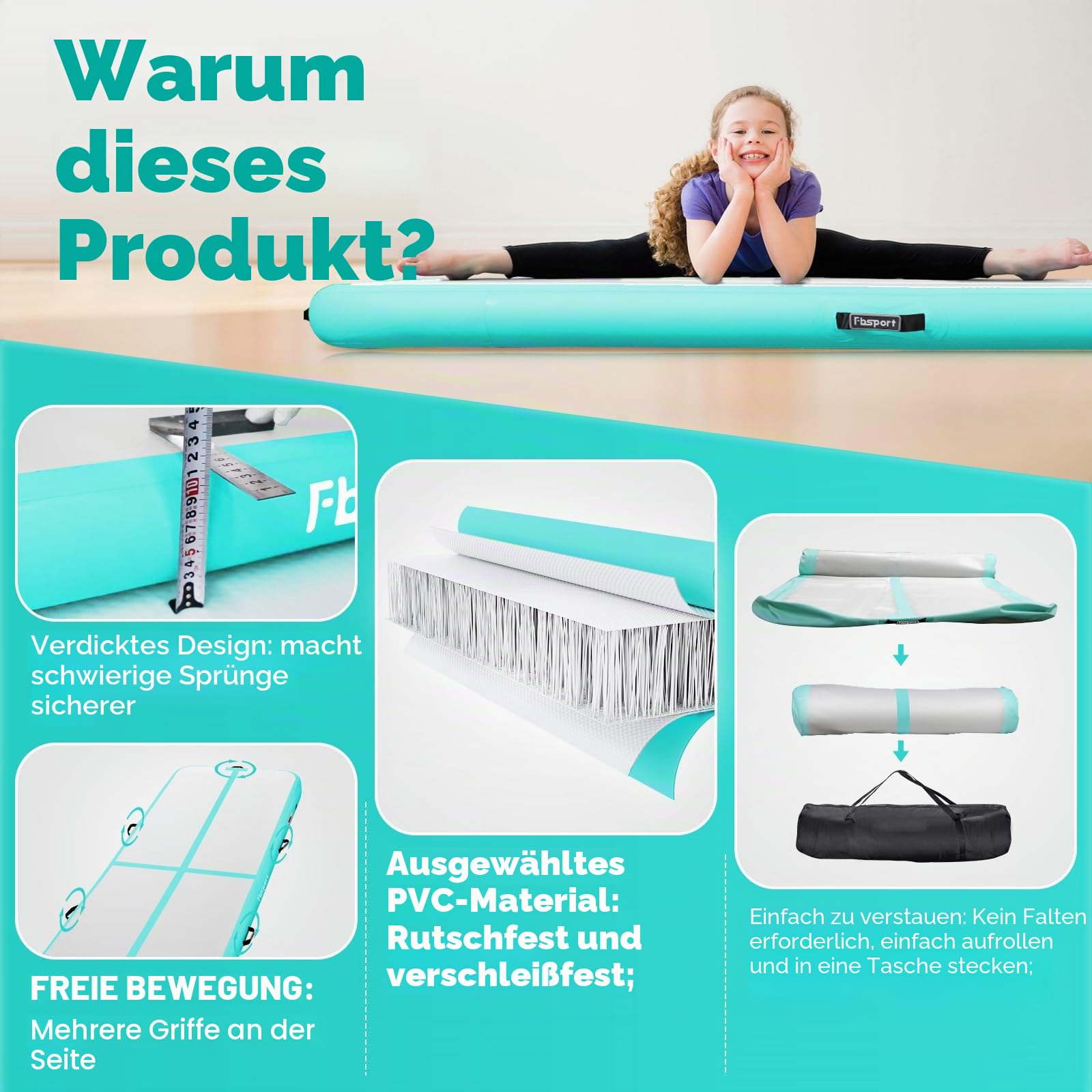 FBSPORT Airtrack Matte 4m Trainingsmatte, 20cm Dicke Tumbling Matten mit Luftpumpe und Tragetasche, Gymnastikmatte für Zuhause/Yoga/Outdoor/Tumbling/Gym/Training/Cheerleading/Wasser