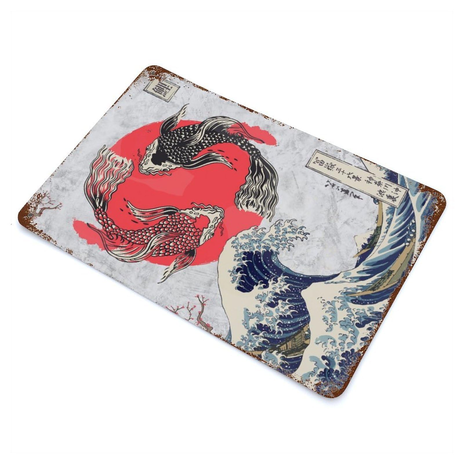 Retro Metal Sign with Koi Fish Yin And Yang Wave Design 11.8"x7.9", for Bistro, Counter And Cafe Decor, Shabby Chic Decor