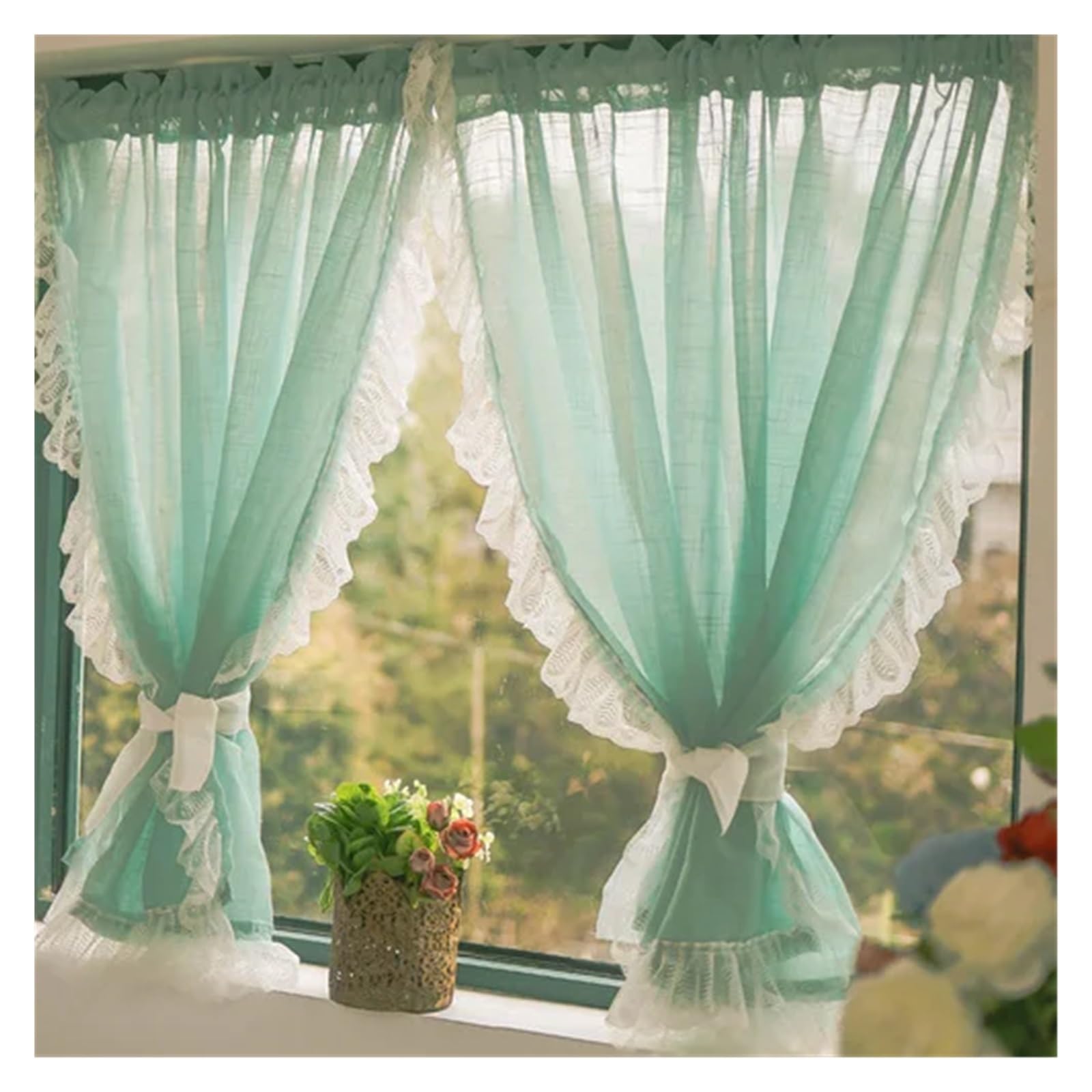 DFGRGRV Ruffle Curtains Green Purple Sheer Curtains For Living Room Bedroom Sweet Lace Short Curtain For Kitchen Bathroom Closet Window Decor(1PC Bluish Green,Hook,W100 x H140CM-1PC)