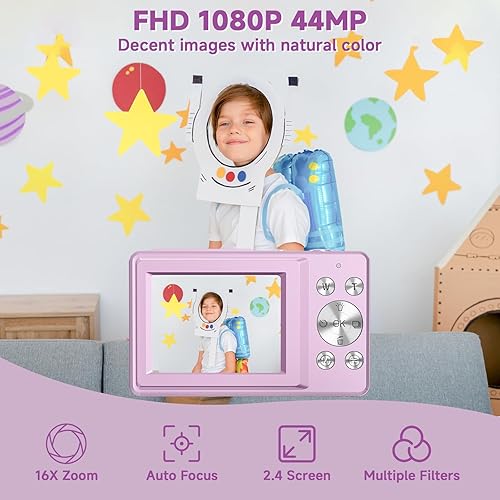 Miniatura 2 de Cámara digital, cámara compacta de 44 MP, cámaras digitales FHD 1080P para apuntar y disparar con zoom de 16X, detección facial, captura de