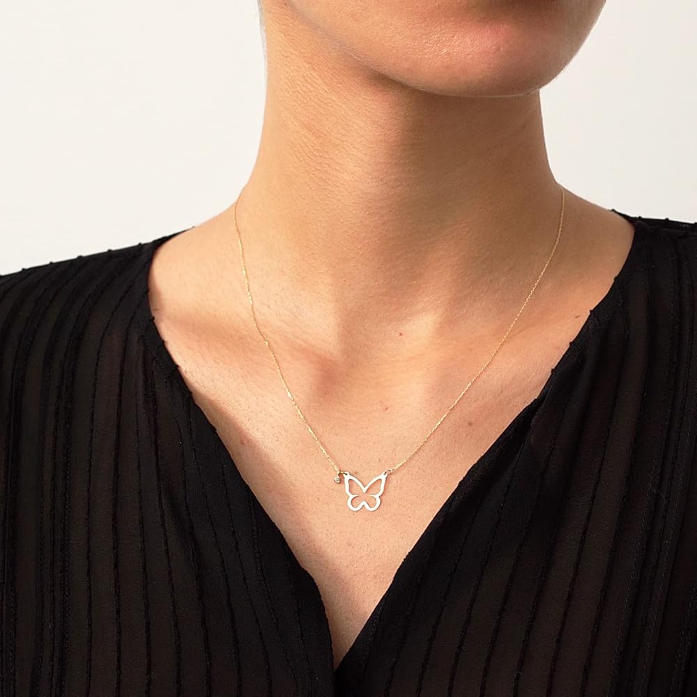 Amazon.com: Diamond Butterfly Necklace in 14K Yellow Gold