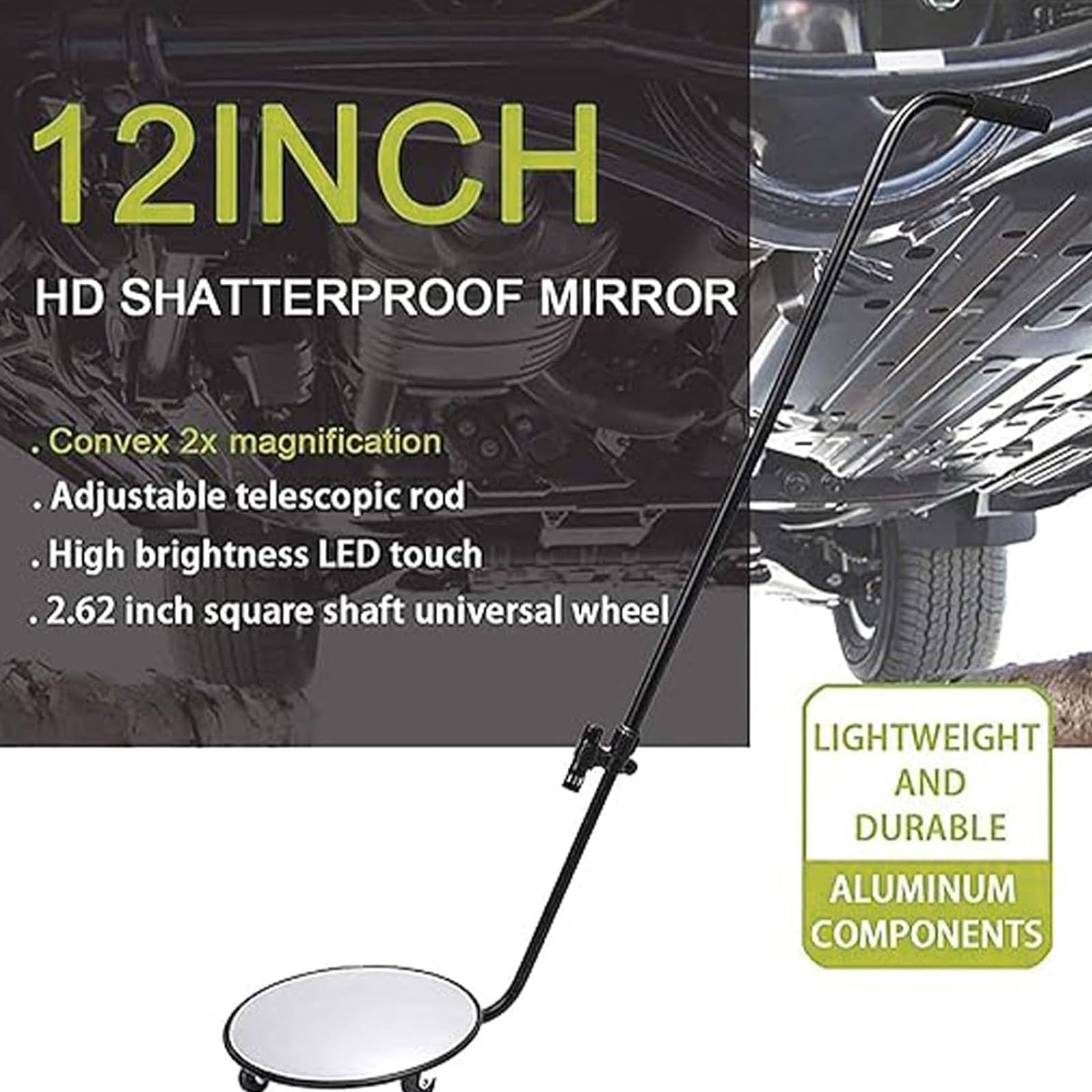 Espejo De Inspección De Bajos De Vehículos, Inspector De Seguridad De Búsqueda Convexa con Luz Led, Longitud Ajustable De 120 A 140 Cm, Diámetro De 30 Cm, Aparato Óp