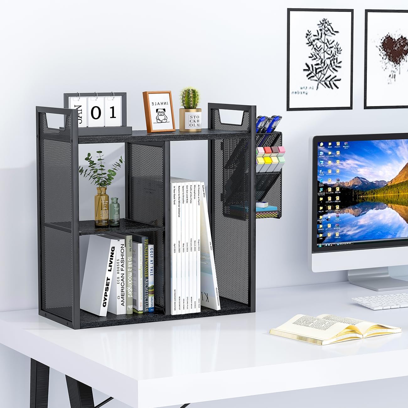 PAG Desktop Shelf Freestanding Bookshelf with Pencil Holder, Office Supplies Organizers and Accessories Storage Display Rack, Black