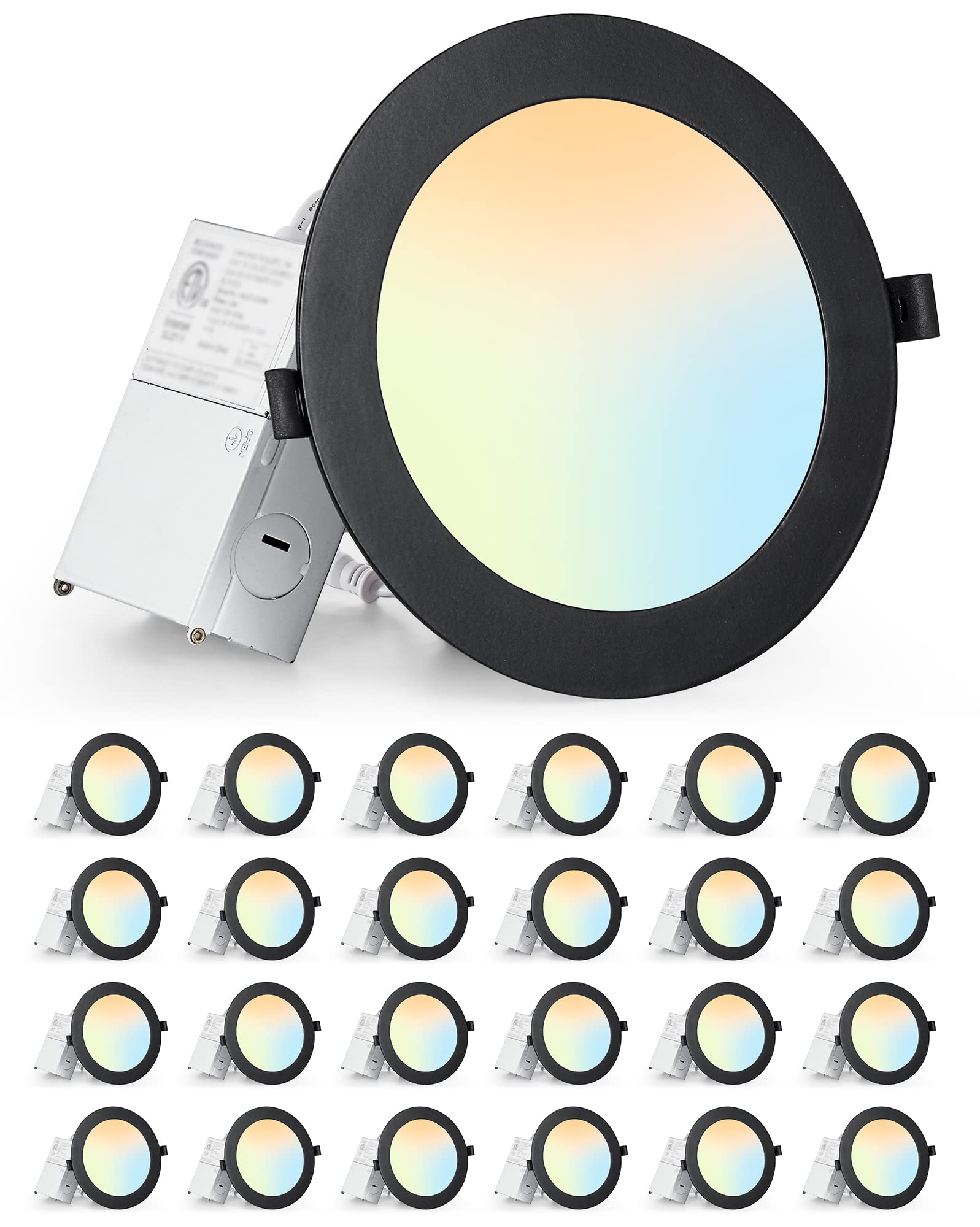 LEDIARY 24 Pack 6CCT LED Recessed Lighting 6 inch, 2500K-5000K Selectable Black Recessed Lights, 1100LM High Brightness, 12W Eqv 110W, Dimmable Can Lights with Junction Box - IC Rated, ETL