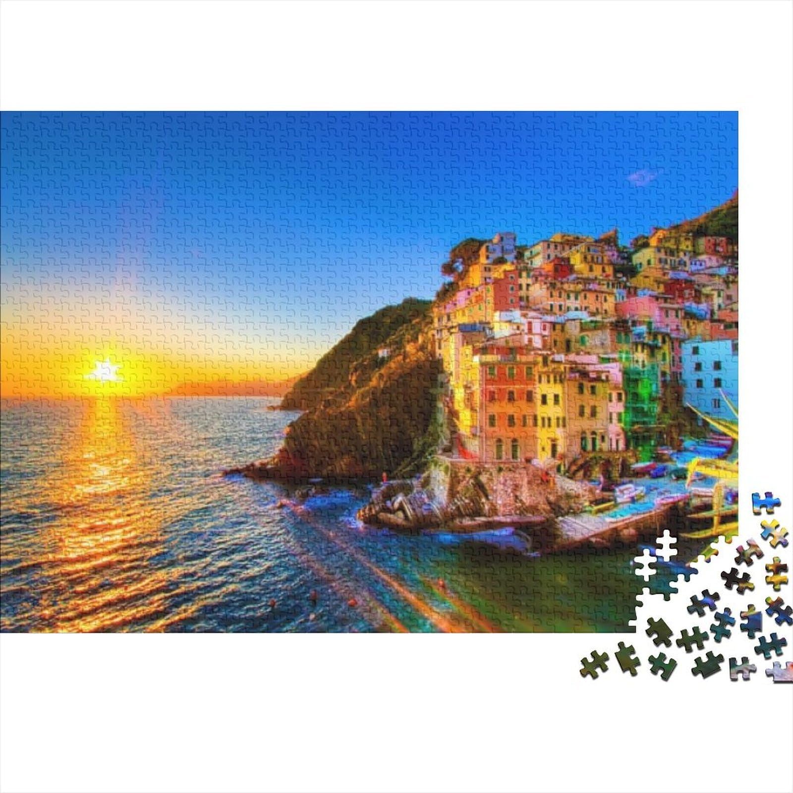 Italian Coastal 1000 Piece Jigsaw Puzzle Recyclable Cinque Terre Puzzles for Elderly Family Gaming Time Props Relieve Senile Dementia Great Gift 52x38cm/1000pcs