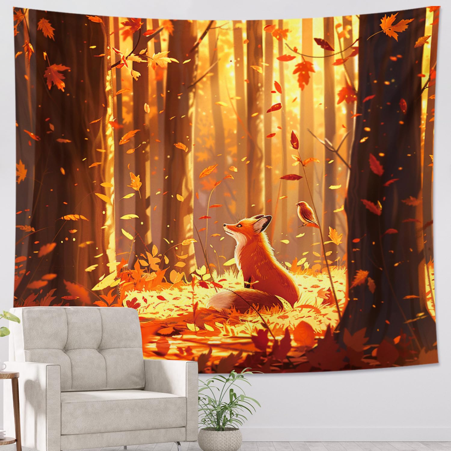 Fox and Autumn Leaves Wall Tapestry, Cozy Fall Woodland Decorative Hanging, Bohemian Nature Tapestries for Bedroom, Living Room, Dorm 40x60 Inch