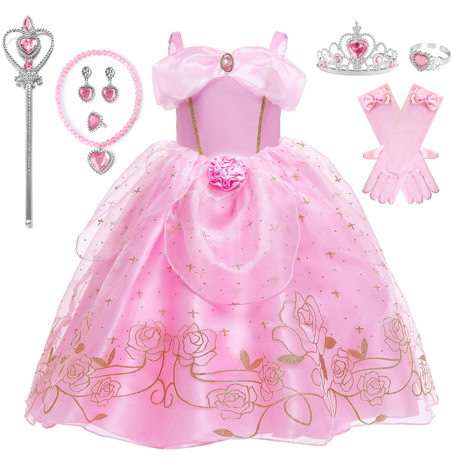Princess dress, girl, princess dress, pink rose, role-playing, birthday party costume, dress with accessories