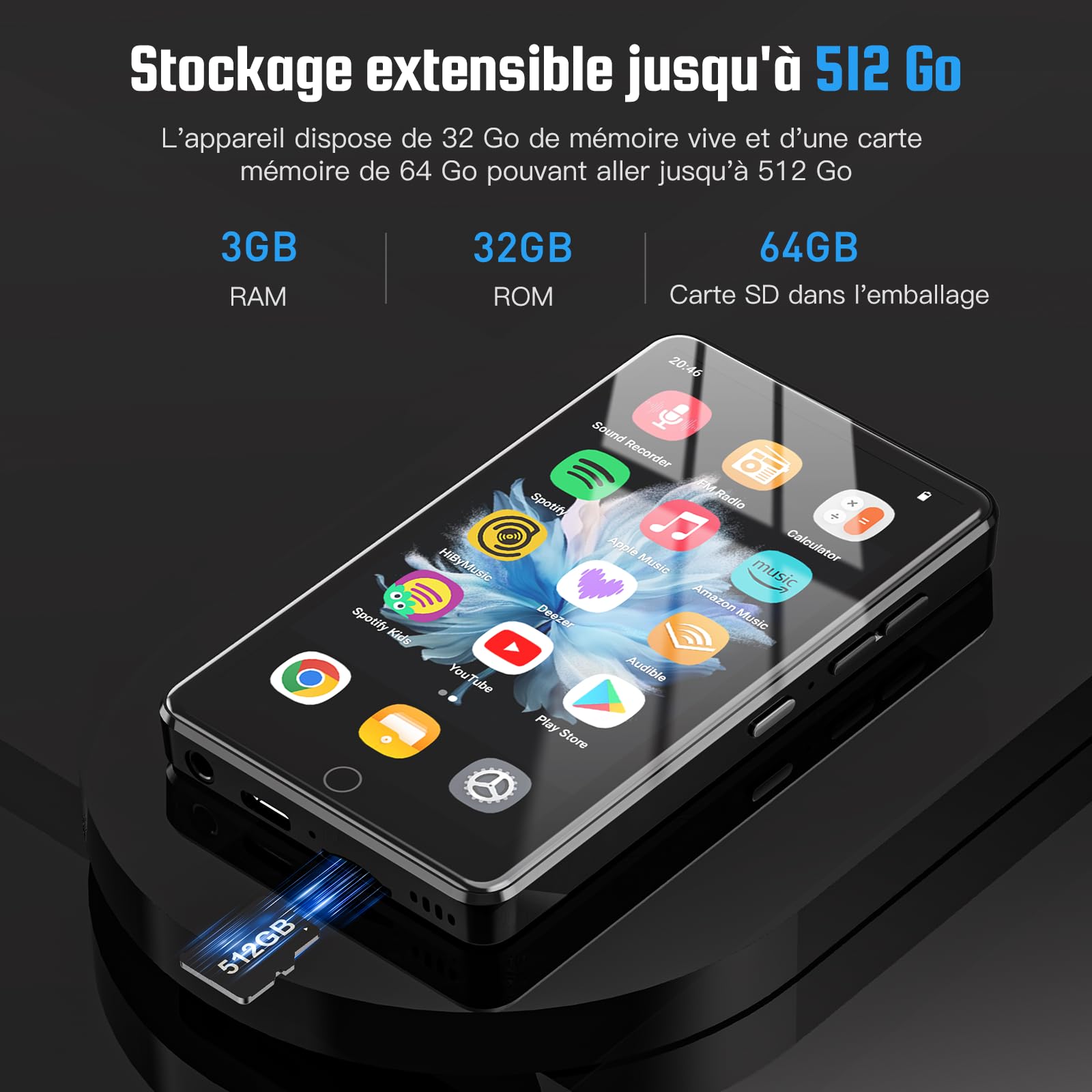 96Go Lecteur MP3 avec Bluetooth et WiFi, Lecteur MP4 HD IPS 4,02 Pouces avec Android 13 OS, Lecteur de Musique pour Enfants avec Haut-parleurs, Lecteur MP3 avec Deezer, Spotify et Play Store