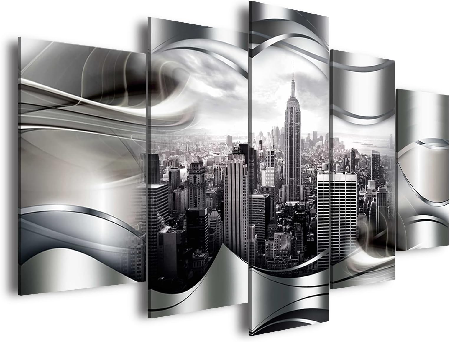 AWLXPHY Decor New York City Skyline Wall Art Canvas Black and White Abstract Painting Framed and Stretched 5 Panels for Living Room Modern Cityscape Print Artwork (White, W40 x H20)