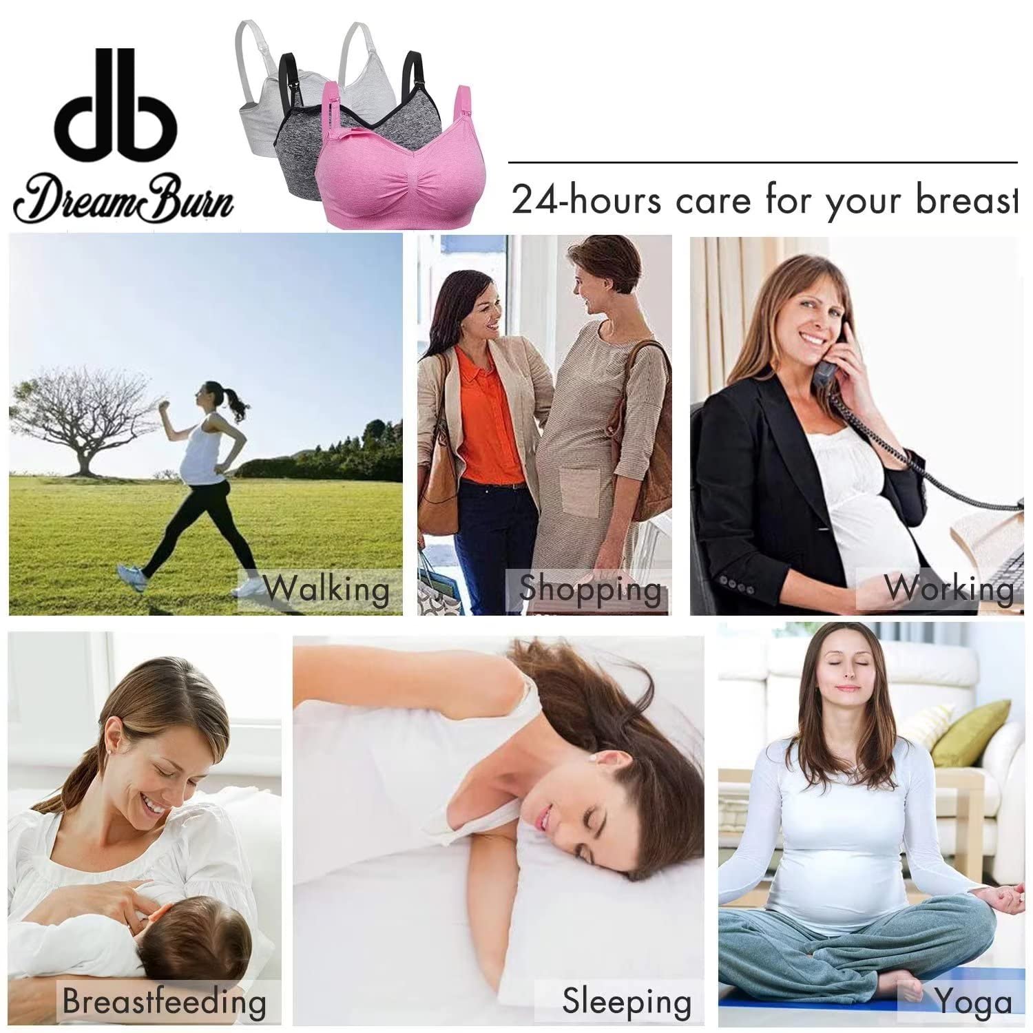 Reggiseno per allattamento premaman, confezione da 1, 2, 3, senza fili, senza cuciture, 4 file, con gancio regolabile con cuscinetti rimovibili per la prevenzione delle fuoriuscite,