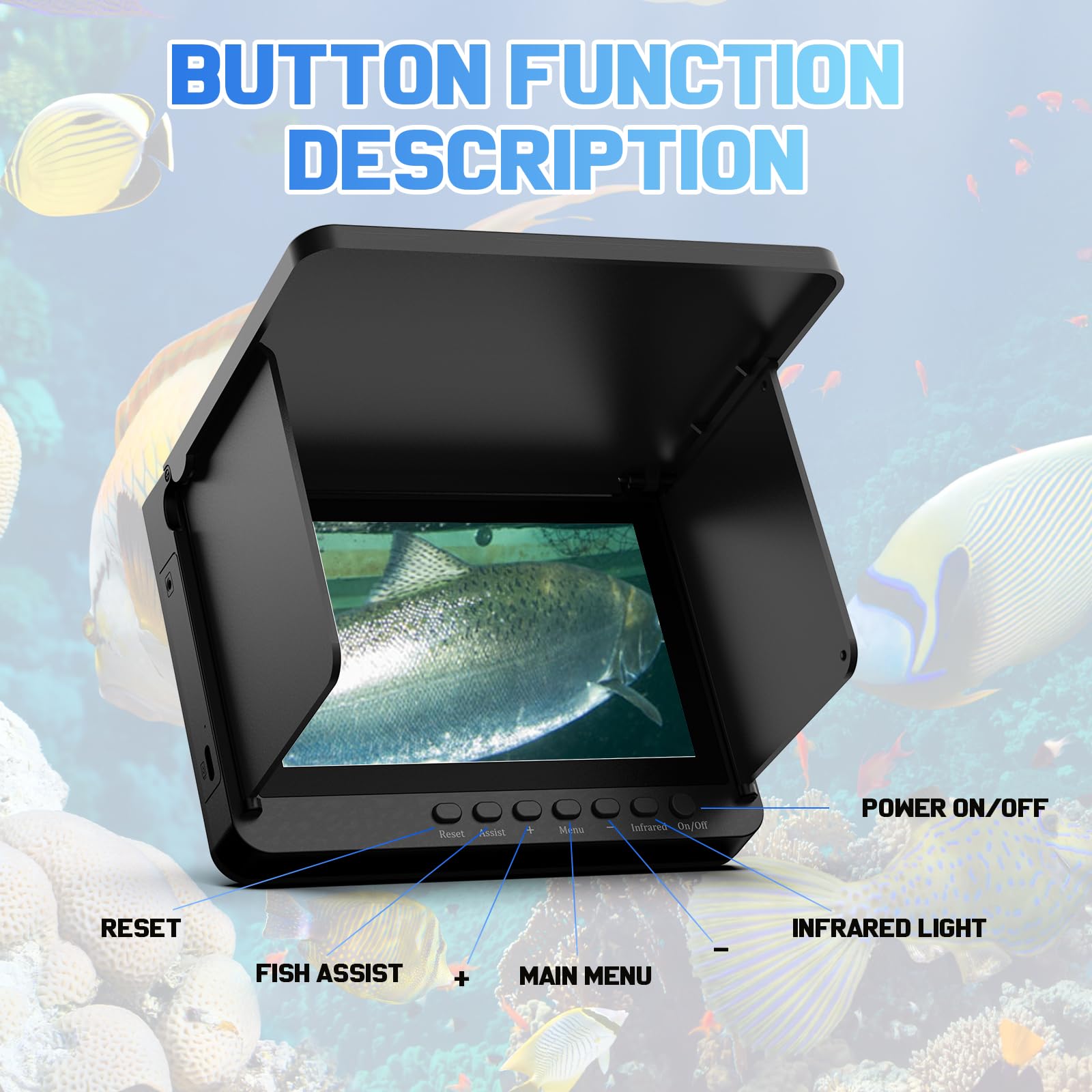 Buscador de peces IPS de 5 pulgadas para barco con 6000 mAh, cámara de pesca subacuática 1080 HD, gran angular de 220°, impermeable IP68, cámara de pesca en hielo de 30 m con 8 LED IR de alto brillo