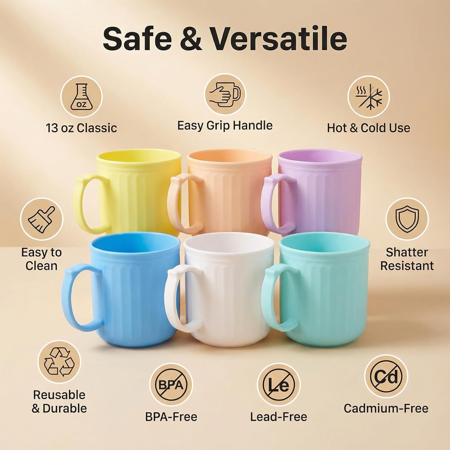 AOYITE 13 oz Coffee Mugs set of 6 - Unbreakable Plastic Mug in Light Color - BPA Free Reusable Microwave Safe Drinking Cups for Coffee,Tea,Cocoa,Milk,Cappuccino, Mocha (Thick Wall) - Image 2