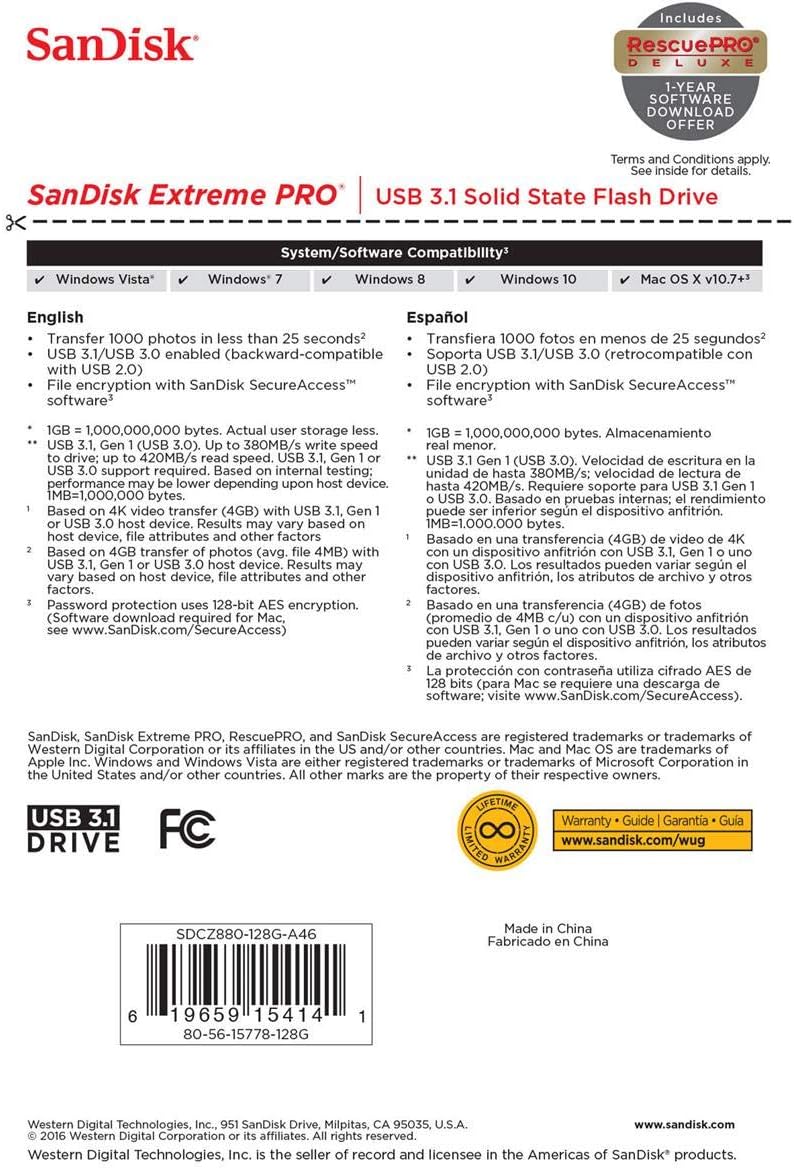 Sandisk Extreme Pro - USB Flash Drive - 128 GB - Black