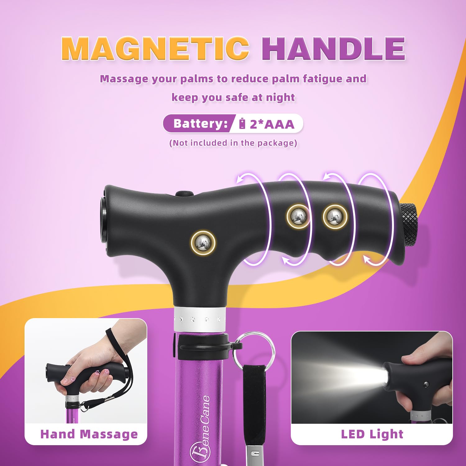BeneCane - Bastones y Bastones Plegables Ajustables de Viaje para Hombres y Mujeres, Luz LED y Mango de Fácil Agarre para Personas Mayores de Artritis..