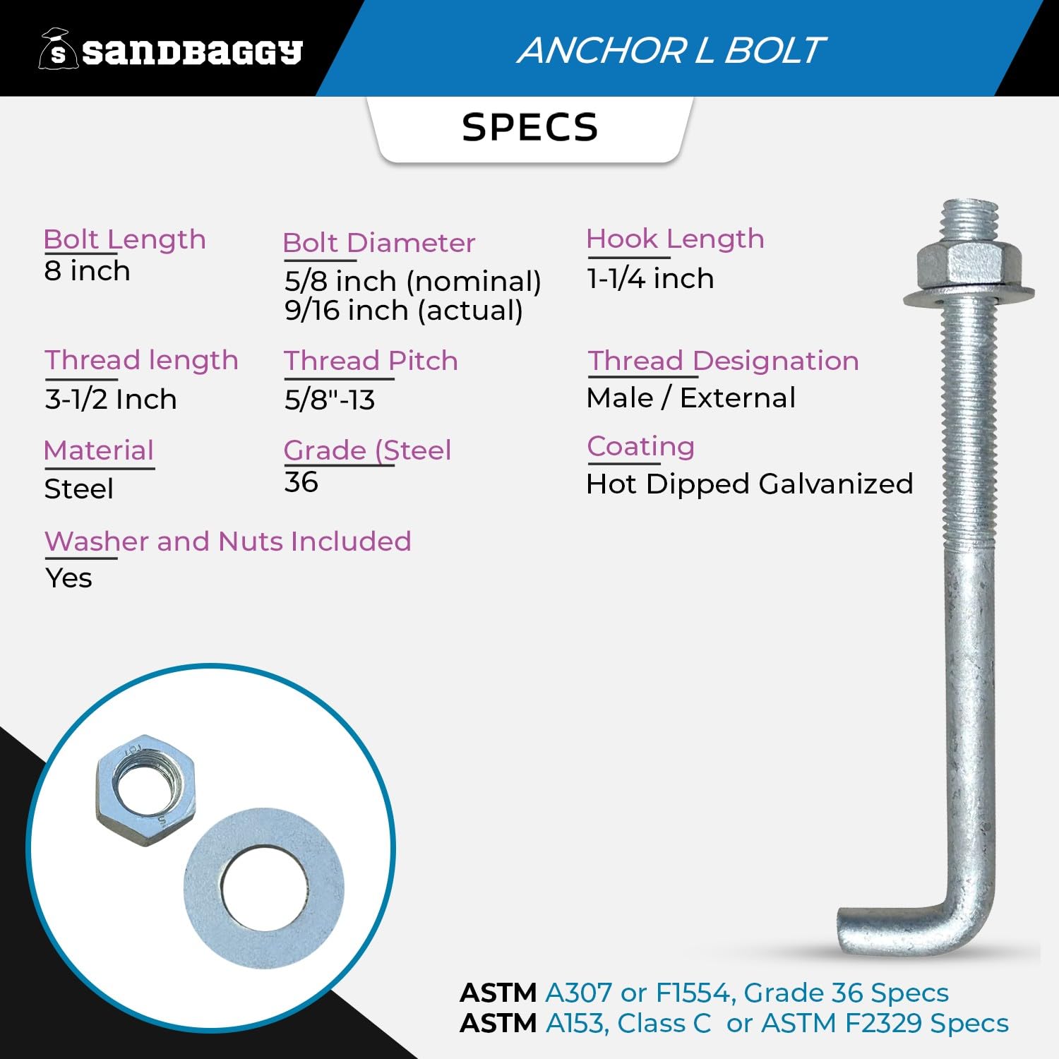 Sandbaggy 5/8" X 8" Threaded Concrete Anchor L-Bolts (Nuts & Washers Included) - Hot Dipped Galvanized - Sill Plate, Base Plate, Masonry, Wood, Cement Anchors, J Bolt (10, 5/8" x 8")