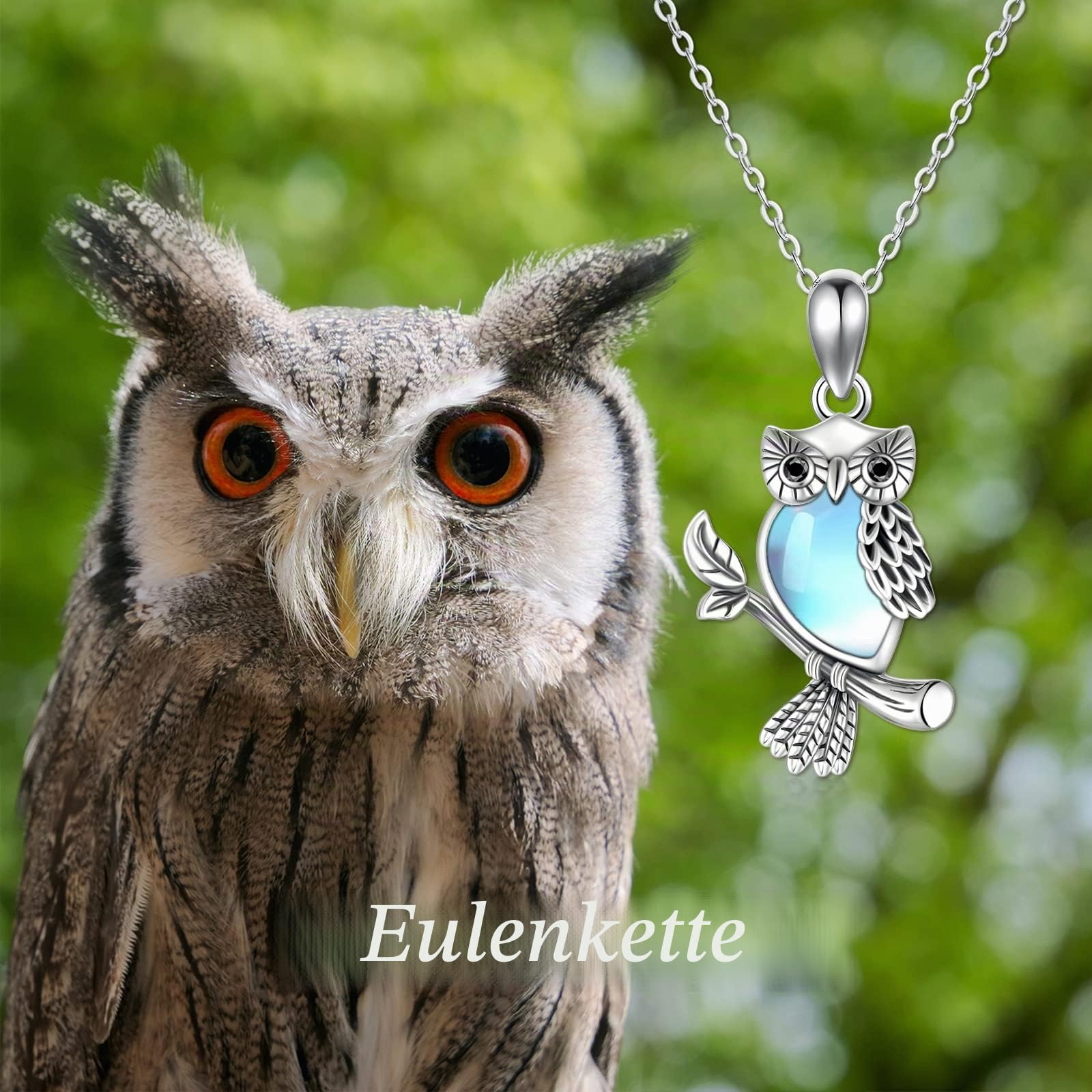 Halskette mit Eulen-Anhänger aus 925er-Sterlingsilber mit Kristallen Anhänger in Tierform Silberschmuck Geschenk für Frauen, 45,7 + 5,1 cm Kettenverlängerung