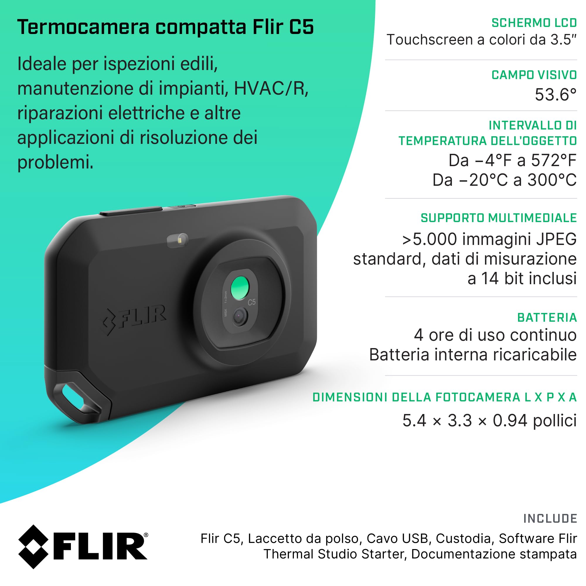 Termocamera compatta FLIR C5 con Wi-Fi: termocamera ad alta risoluzione per applicazioni di ispezione, elettriche/meccaniche, edilizie e HVAC