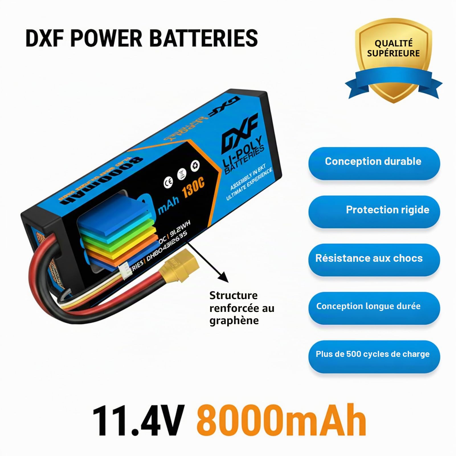 DXF Batterie LiPo 3S 8000mAh 11.4V 130C XT90, 2 Packs Lithium Polymère Haute Décharge pour Voiture RC 1/8 1/10 Buggy Truggy Monster Truck Short Course, Compatible Modèles Radiocommandés