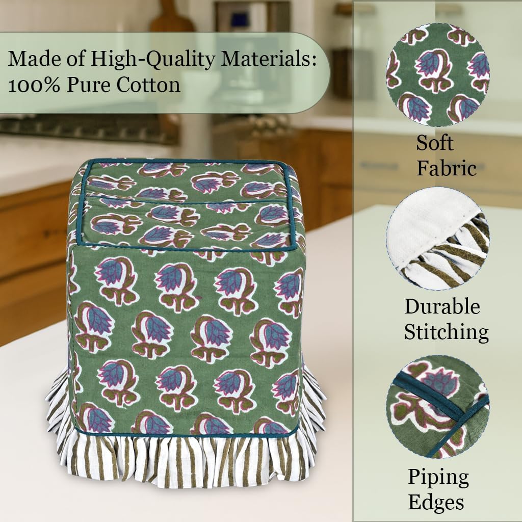 Ridhi Basil Green Block Print Ruffle Tissue Box Cover Handmade Cotton Decorative Square Napkin Holder for Home Bedroom Living Room Bathroom Vanity Countertop Car Office Kitchen