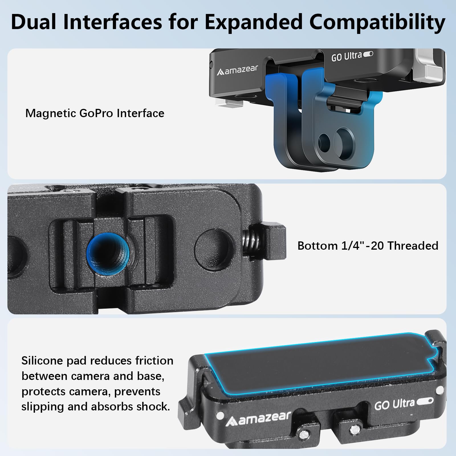 AMAZEAR Adaptador magnético de liberación rápida para cámara Insta360 GO Ultra, soporte base de aleación de aluminio con rosca de 1/4 pulgadas para trípode, palo selfie, agarre de mango, color negro