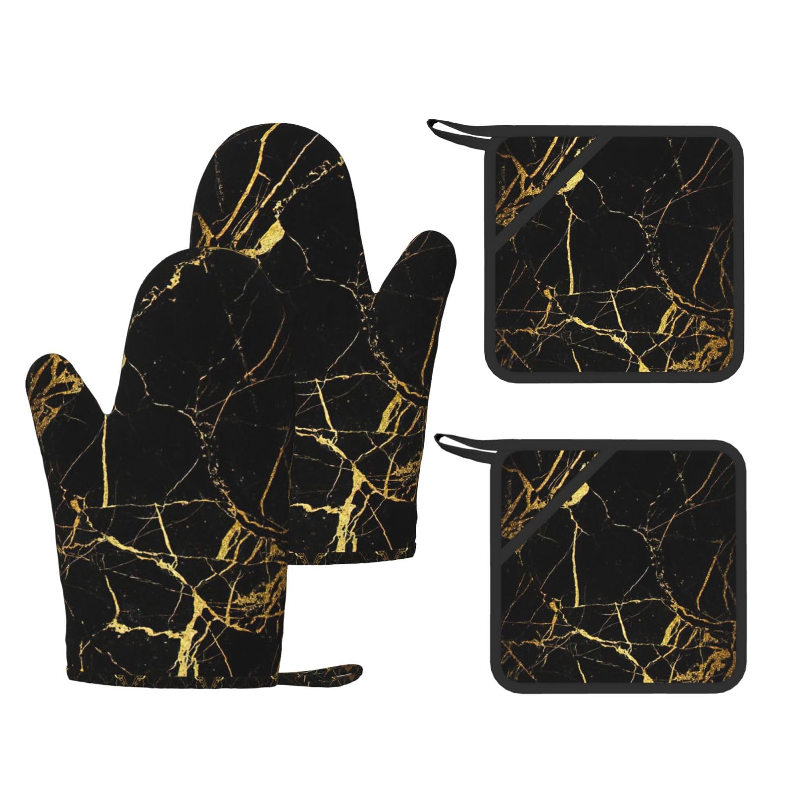Black Gold Marble Trendy Printed Kitchen Set with Heat Resistant Gloves & Non-Slip Hot Pads for Baking & Grilling