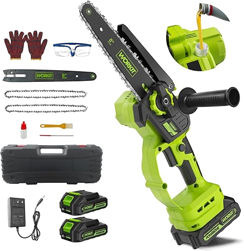 WORKIT Mini motosierra inalámbrica, motosierra eléctrica de 8 pulgadas con 2 baterías, motosierra de mano con engrasador automático, tensión sin