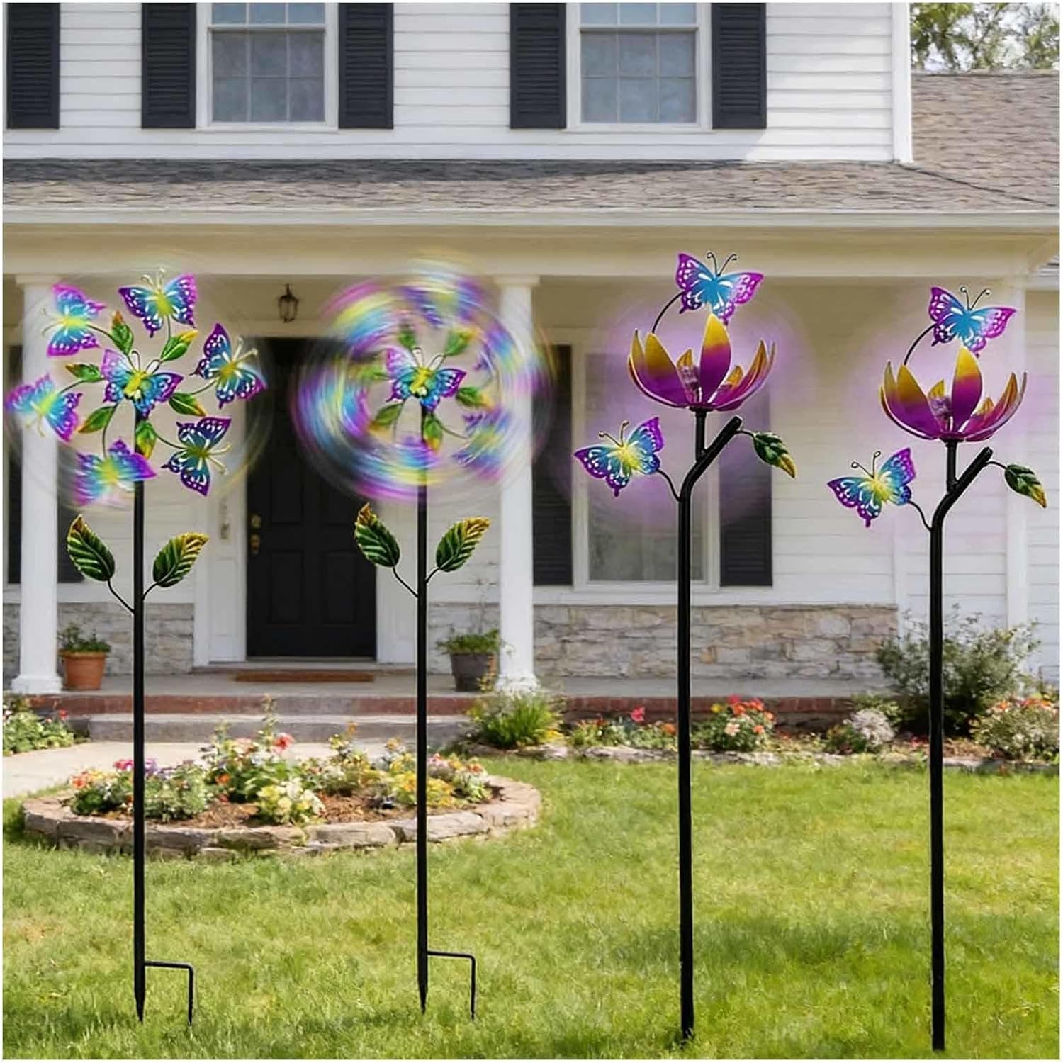 Butterfly Garden Wind Spinners, 117cm/46inch Yard Decor Wind Spinner 360° Metal Windmills, Kinetic Wind Spinners for Yard, Garden, Lawn Decor,A+B（4Packs）