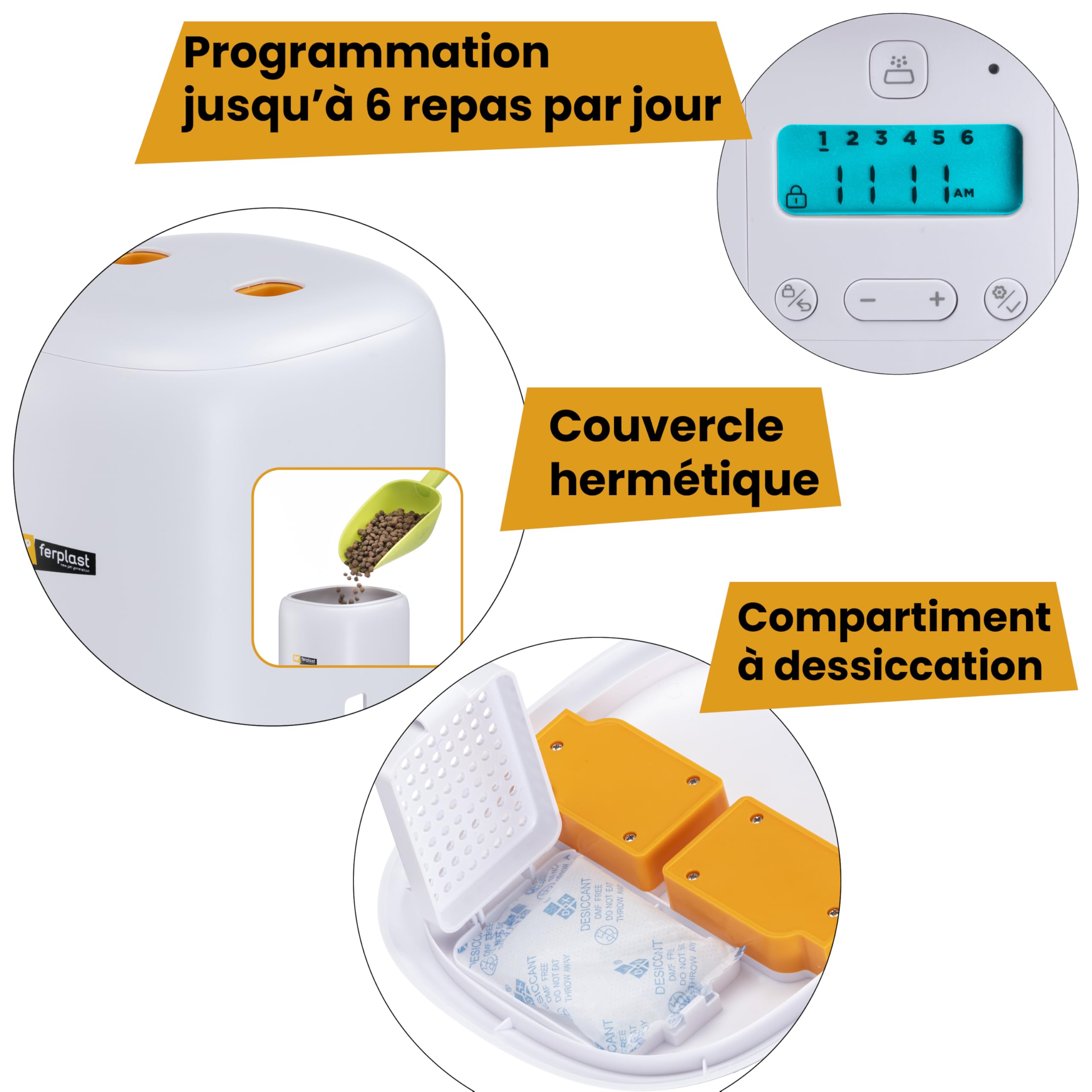 Ferplast Distributeur Croquettes Chat Automatique Risto Pet, Distributeur Croquettes Chien 4 L, Programmable, Double Alimentation, 6 Repas par Jour, Écran Rétroéclairé, Gamelle en Acier Inoxydable