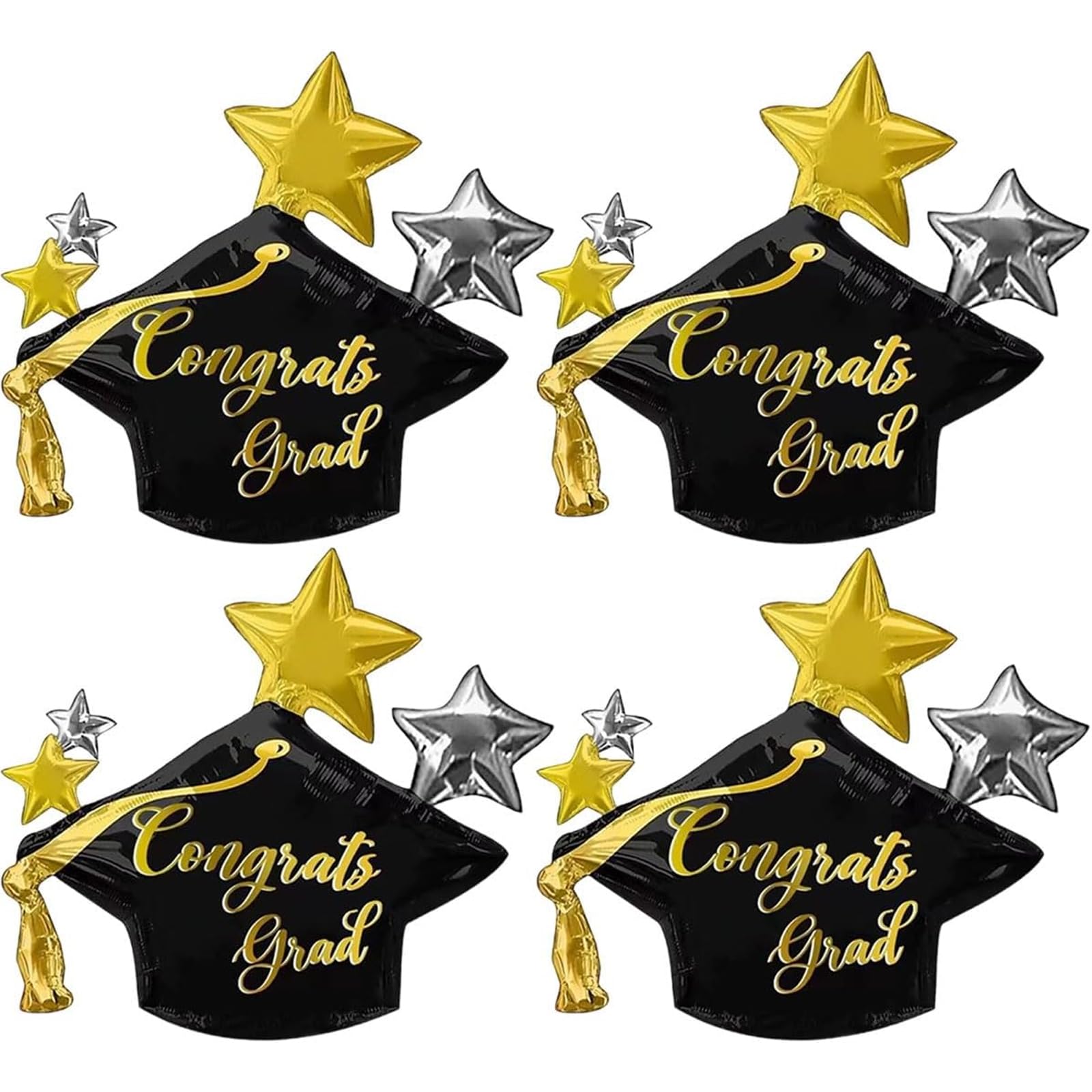 4Pcs Graduation Decorations Graduation Cap Star Balloons Set Congrats Grad Hat Gold And Silver Foil Balloons Unisex Graduation Gifts Photo Booth Props Class Of For 2026 Party Decorations for Her Him