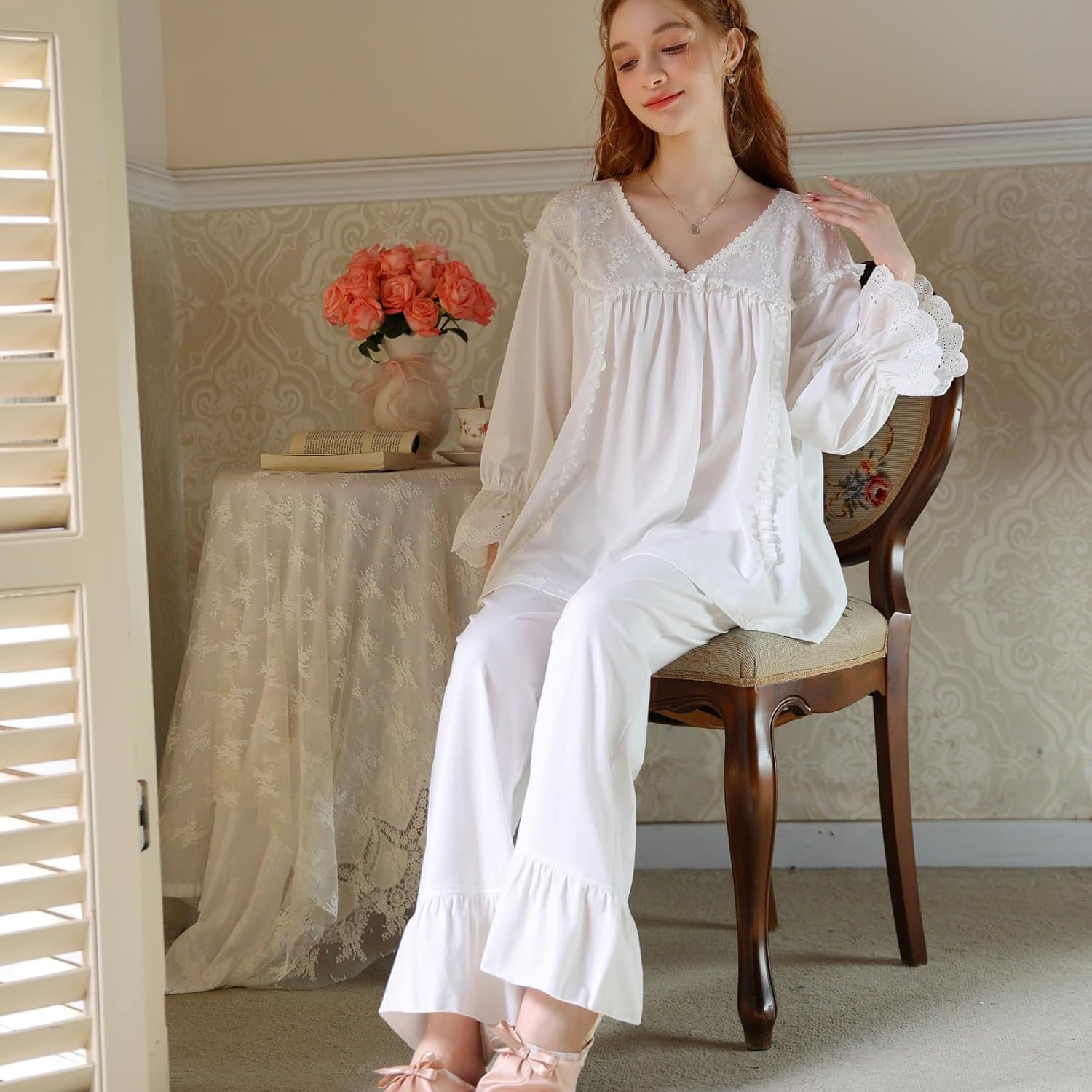 Women's Cotton Pajama Set 2 Piece Victorian Pjs Long Sleeve Pants Set Vintage Lace V Neck Lounge Set Frilly Sleepwear