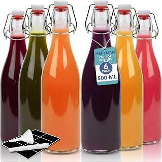 HEFTMAN Glasflaschen mit Verschlüssen, 500 ml, Packung mit 6 transparenten Flaschen mit Klappdeckel für Bier mit luftdichten Verschlüssen für Wein, Gewürze, Getränke, Öl, Essig, Kombucha und