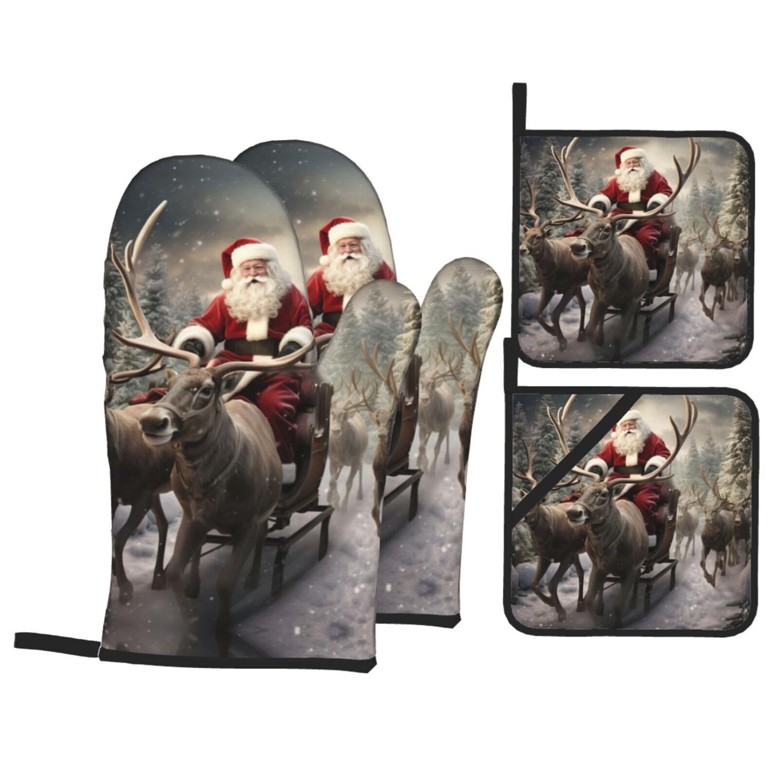 Xmas santa Claus Print Stylish 4-Piece Microwaving Oven Waterproof Kitchen Gloves Baking Holiday Cooking