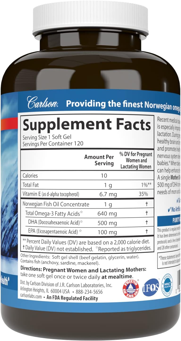 Carlson - Mother's DHA, 500 mg DHA, Prenatal Support, Fetal Development & Immune Health, 120 Softgels - Image 2