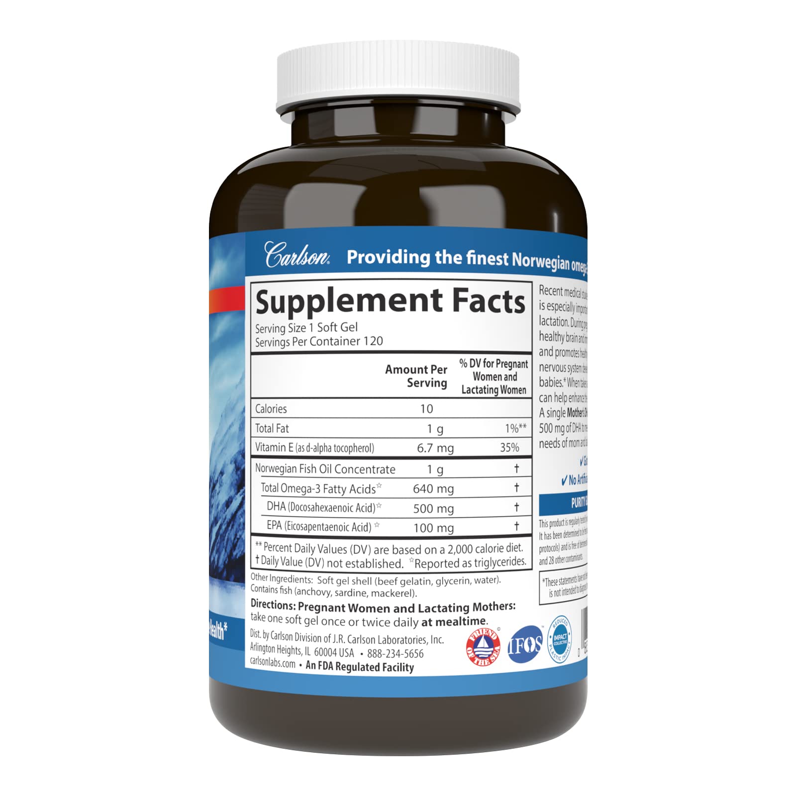 Carlson Mother's DHA, 500 mg DHA, Supports Mom & Baby, 60 Soft Gels
