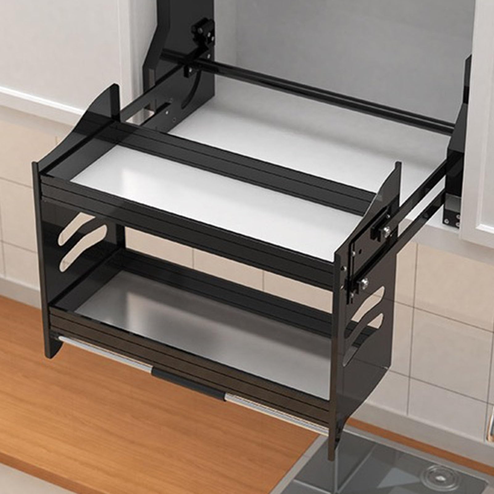 2 Tier Pull Down Shelf, Kitchen Cabinet Pull Down Shelf, Space Saving Board for Kitchen Appliance Lift Upper Cabinet Bearing Weight 30kg (One Color 714x280x540mm)