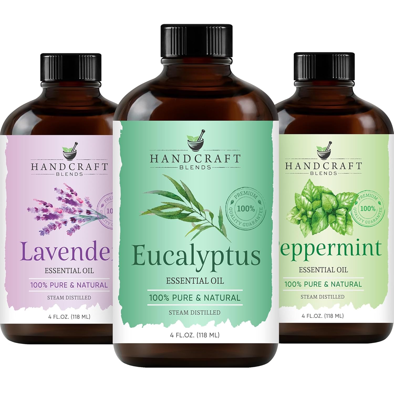 Handcraft Blends Peppermint, Eucalyptus, Lavender Essential Oil Set - 4 Fl. Oz, 100% Pure and Natural, Therapeutic Grade with Premium Glass Dropper
