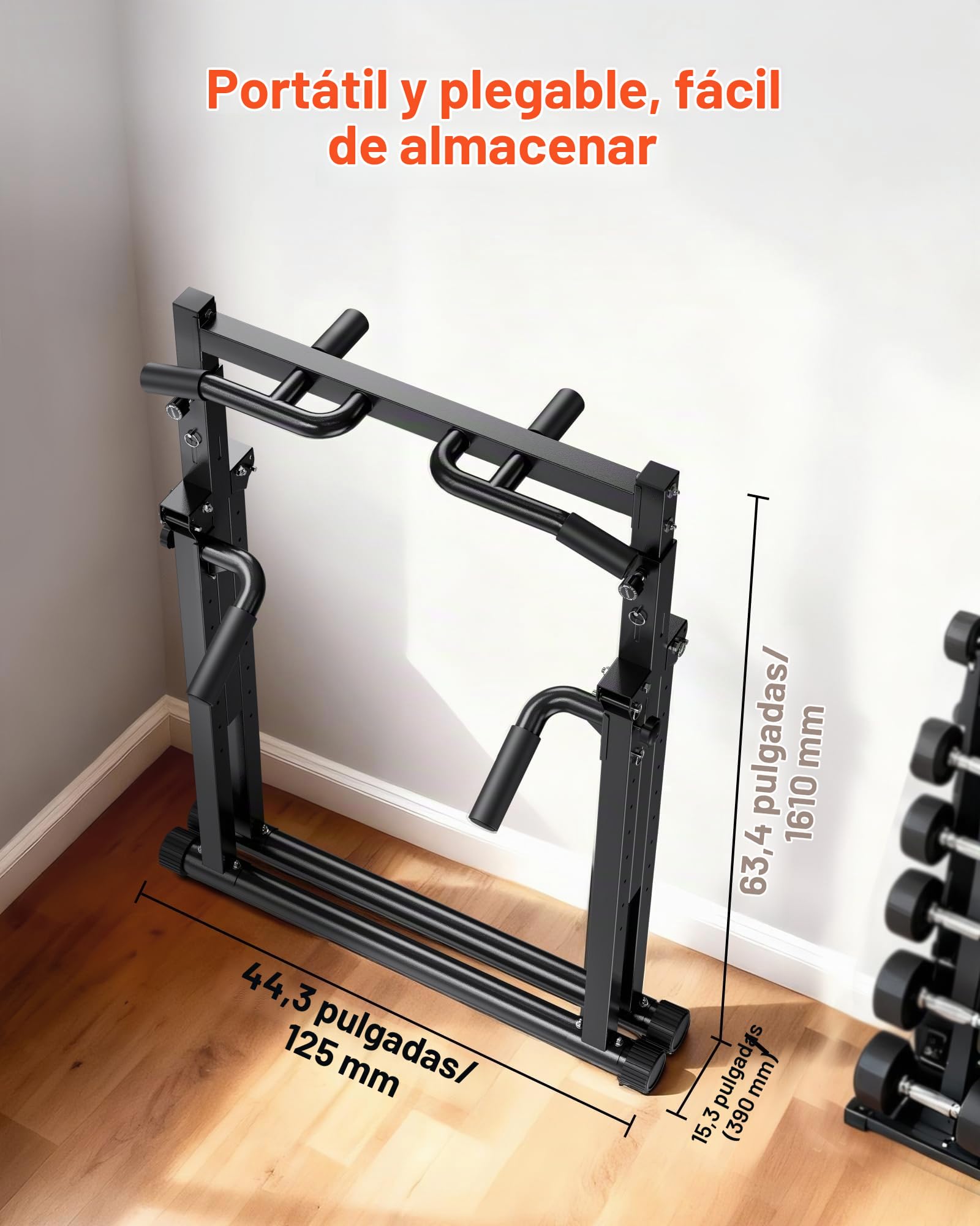 VEVOR Barra de Dominadas/Estación de Fondos Plegable, Carga de 150 kg, Estructura Triangular y Tubo de Acero Robusto, 9 Posiciones, para Entrenamiento de Fuerza de Brazos y Espalda, Color Negro