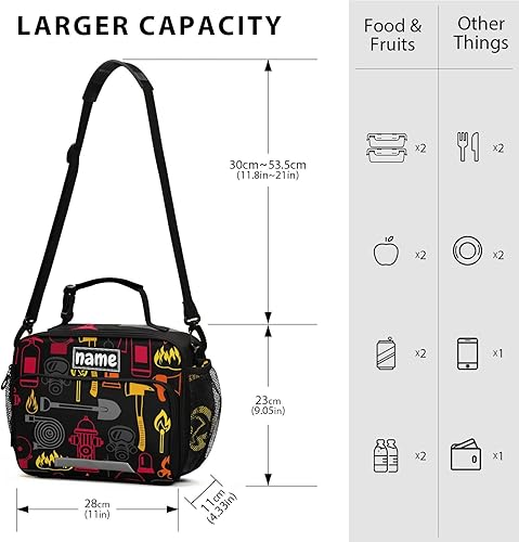 Miniatura 2 de Bolsa de almuerzo personalizada con patrón de bomberos para niños y niñas, bolsas de almuerzo personalizadas con tu nombre, lonchera aislada para la